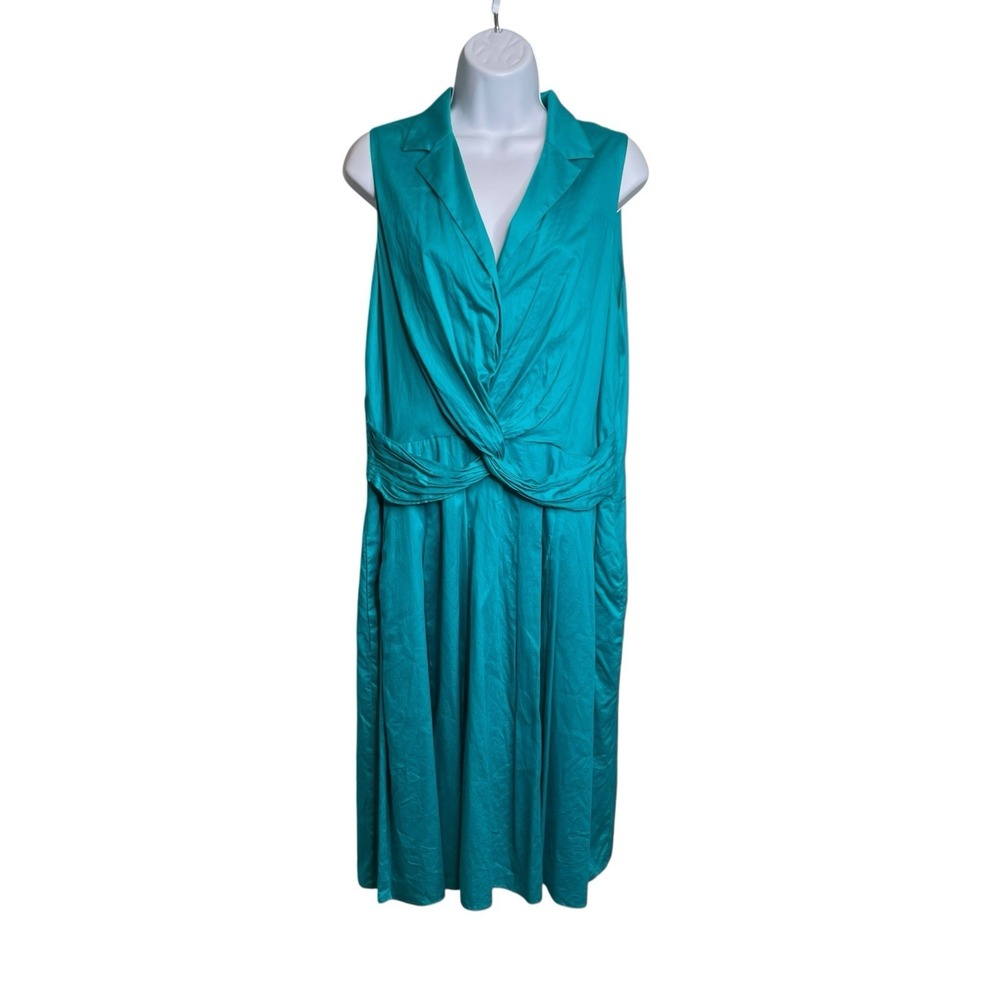 VTG Y2K Anne Klein Teal Sleeveless Midi Shirt Dress Sz 16 Flowy Chic Career Wear